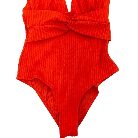 NWT Cupshe Orange Ribbed Twist Front One Piece Swimsuit V-Neck Size M - Picture 3 of 8